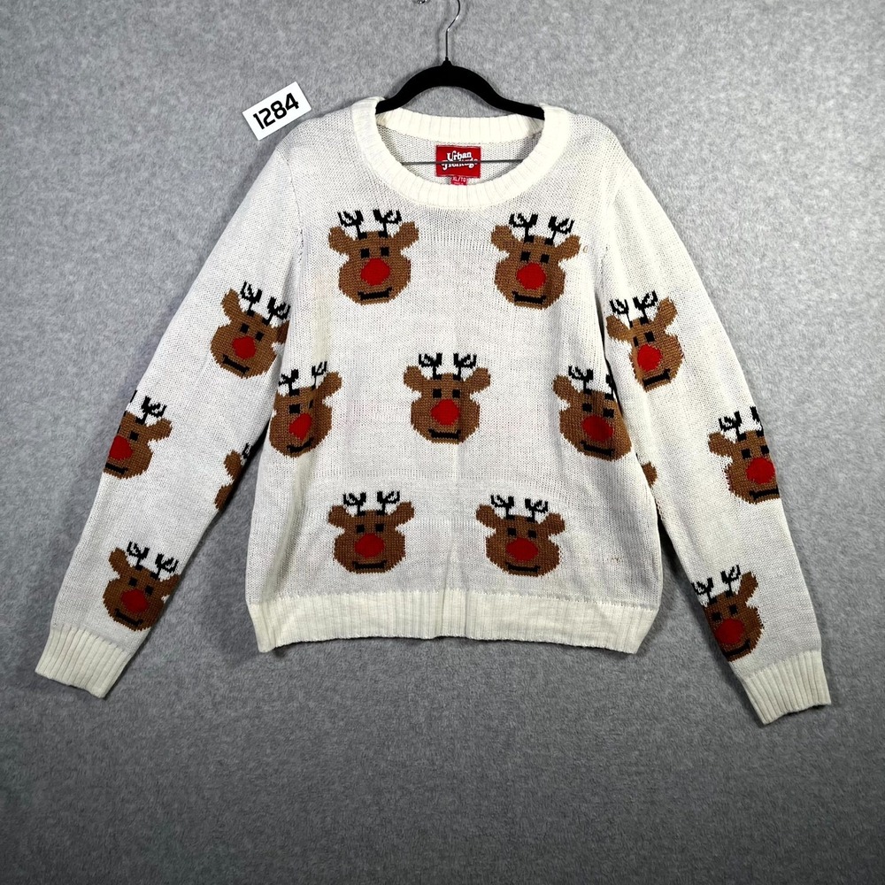 Urban Heritage Sweater‎ Mens XL White Red Reindeer Christmas Nose Holiday Knit